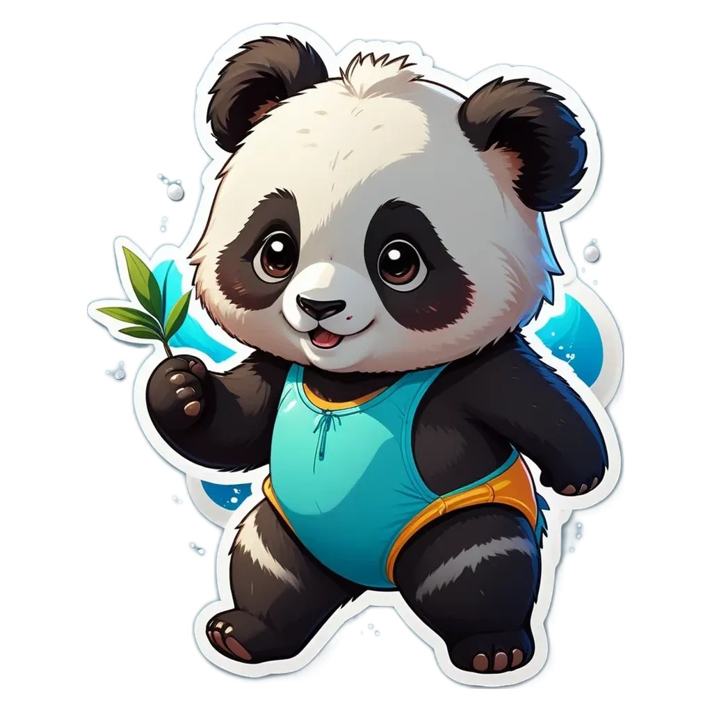 A panda bear holding a plant in his left hand.