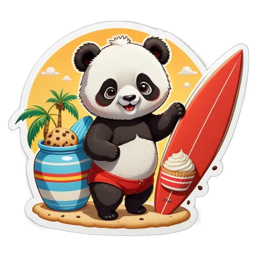 A panda bear with a surfboard is standing in front of a cake.