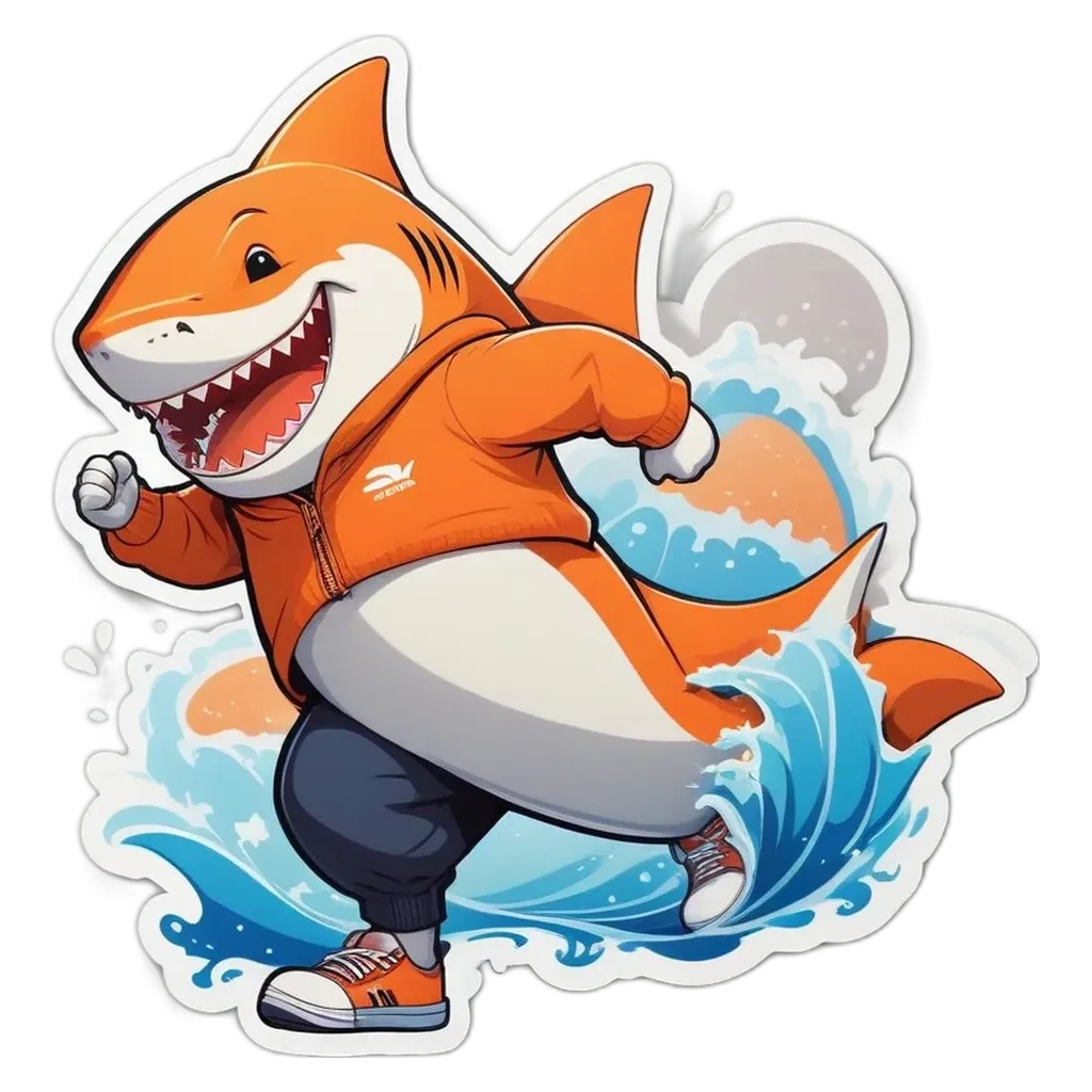 A shark in an orange jacket and blue pants running in the ocean.