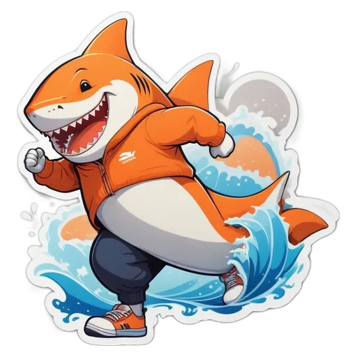 A shark in an orange jacket and blue pants running in the ocean.