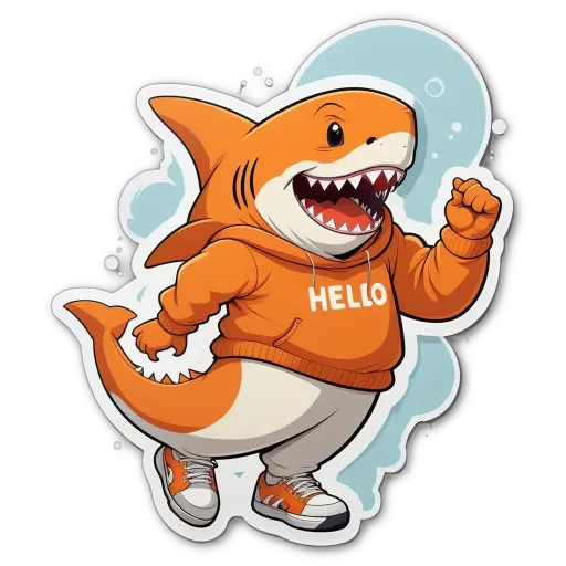 A shark that is wearing a orange hoodie and the letters "HELLO" on the front.