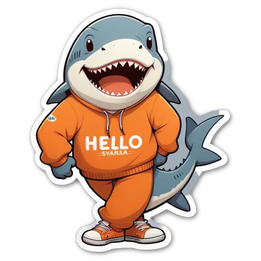 A shark wearing an orange hoodie and standing with his mouth open says "Hello Sylla".