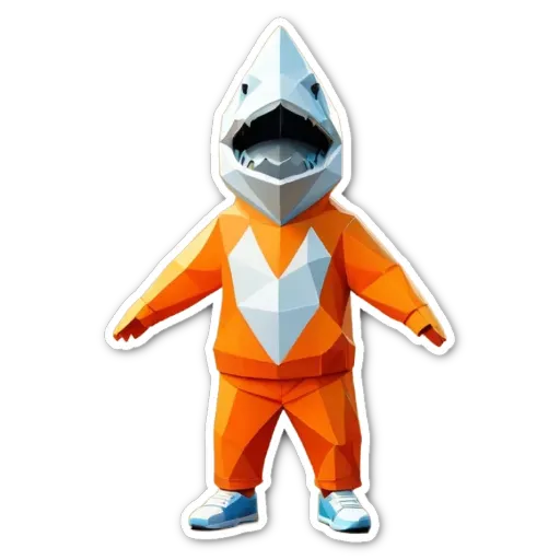 A child in an orange and white jacket with a sharks mouth and teeth.