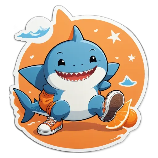A blue shark that is smiling and wearing orange pants.