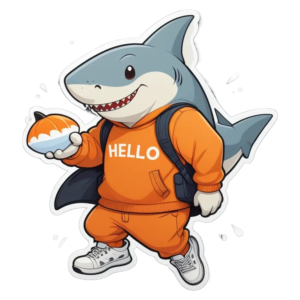 A shark wearing a orange hoodie and holding a pumpkin that says "Hello".