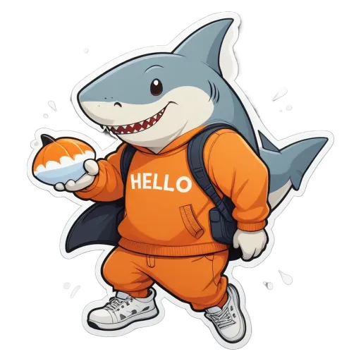 A shark wearing a orange hoodie and holding a pumpkin that says "Hello".