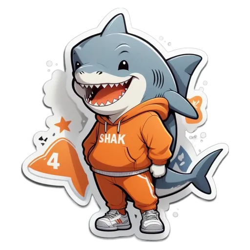 Shark wearing orange clothes and the word Shak on his left side.