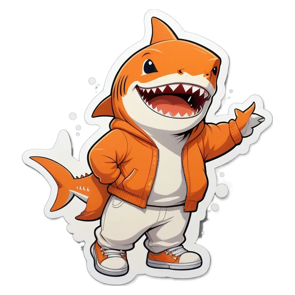 A cartoonish orange and white shark standing on a black background.
