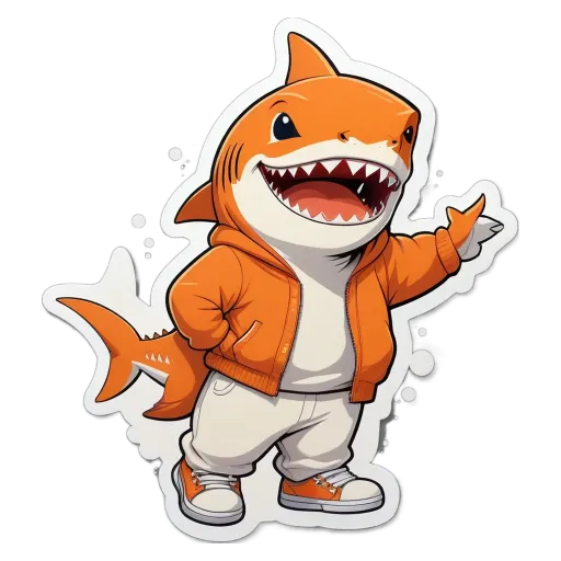 A cartoonish orange and white shark standing on a black background.