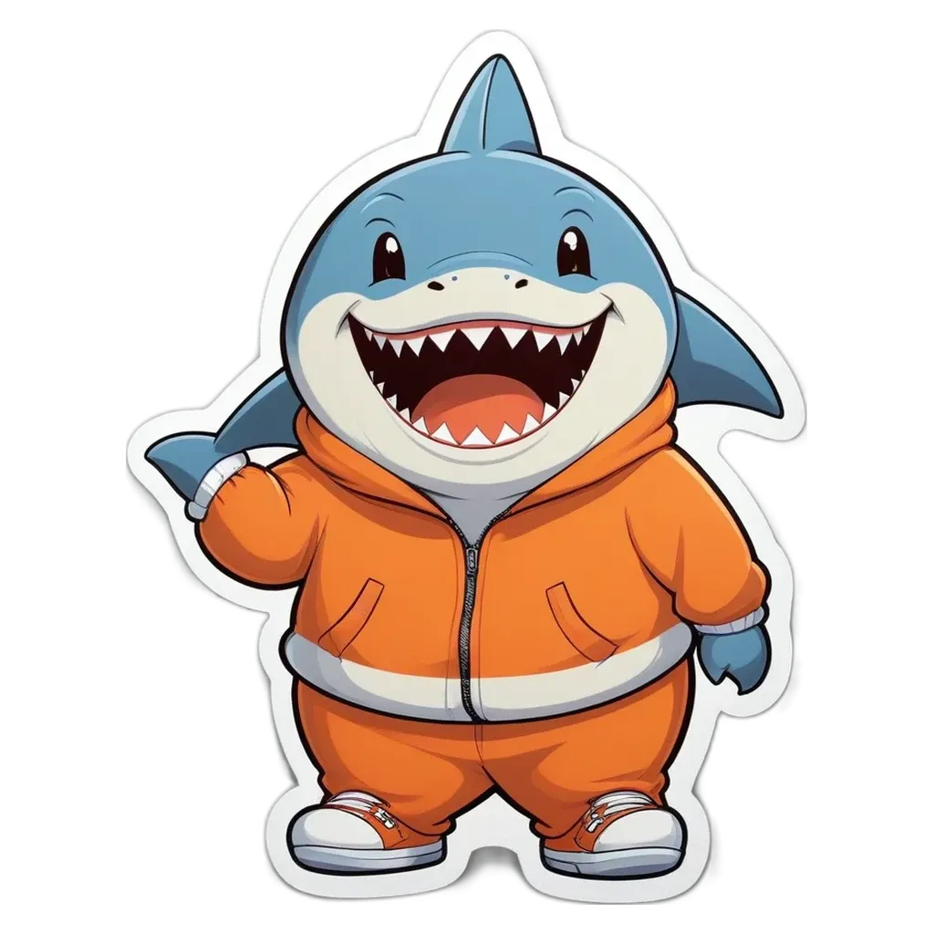 A shark in an orange hoodie and white teeth.
