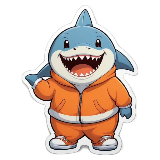 A shark in an orange hoodie and white teeth.