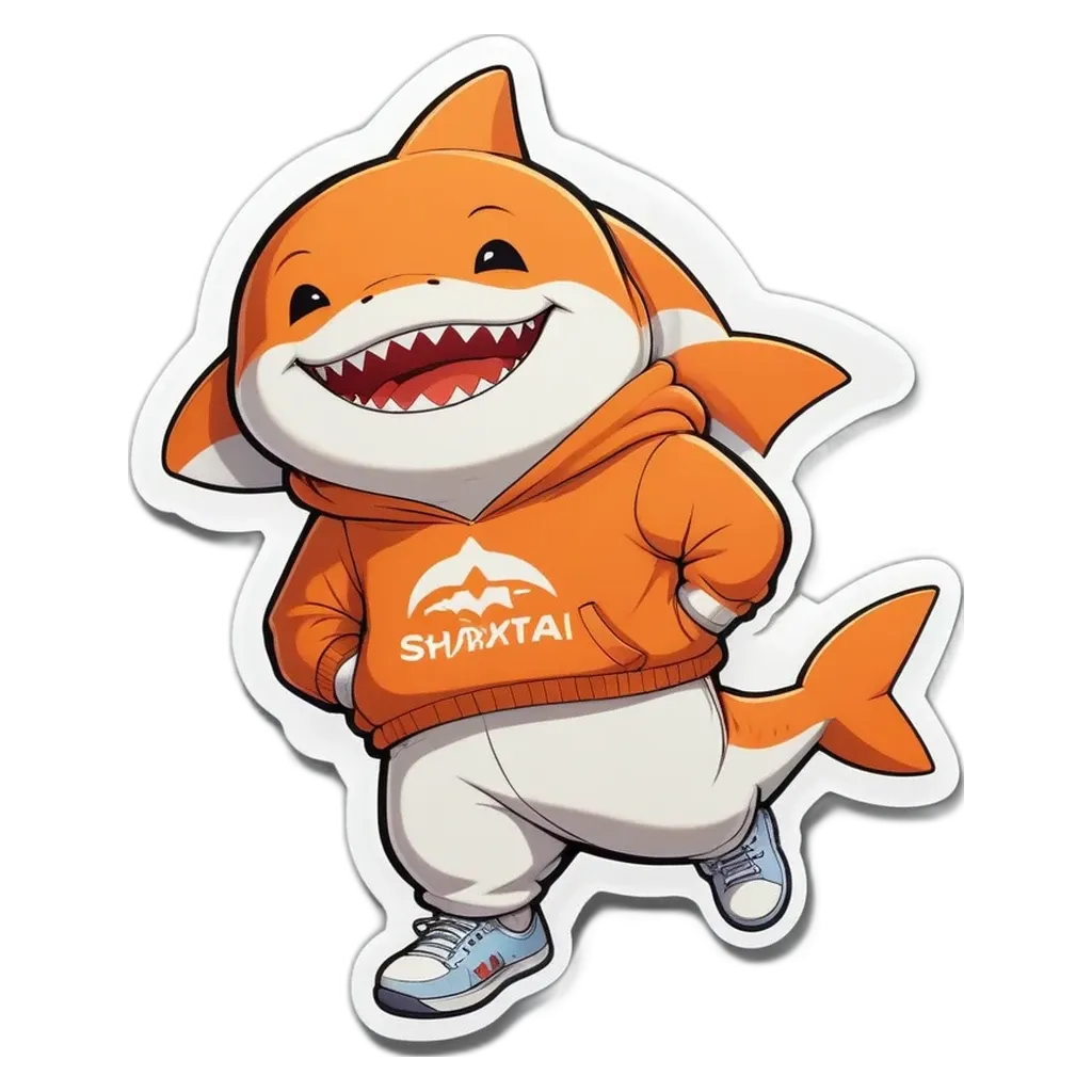 A shark wearing a orange hoodie and white pants that says Shrewtai.