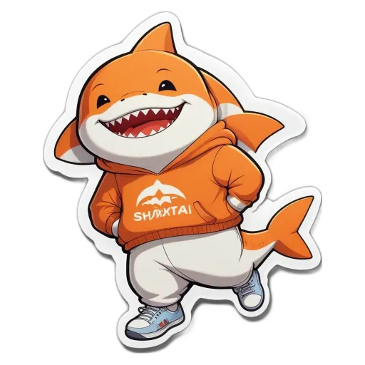 A shark wearing a orange hoodie and white pants that says Shrewtai.