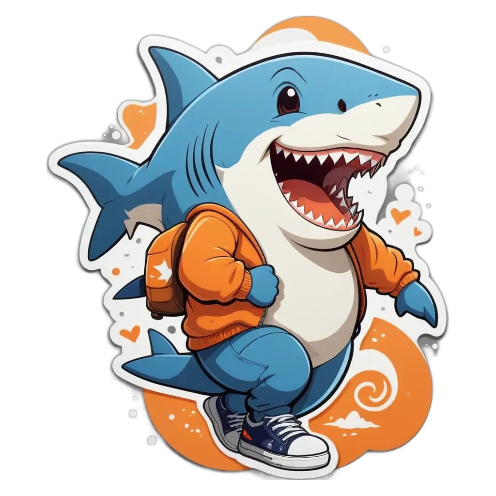 A blue shark with a backpack and orange pants running.