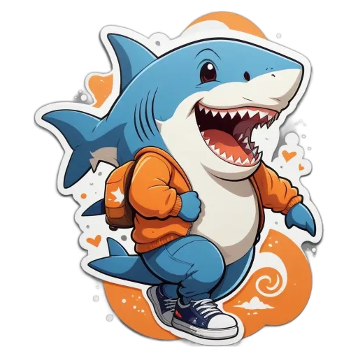 A blue shark with a backpack and orange pants running.