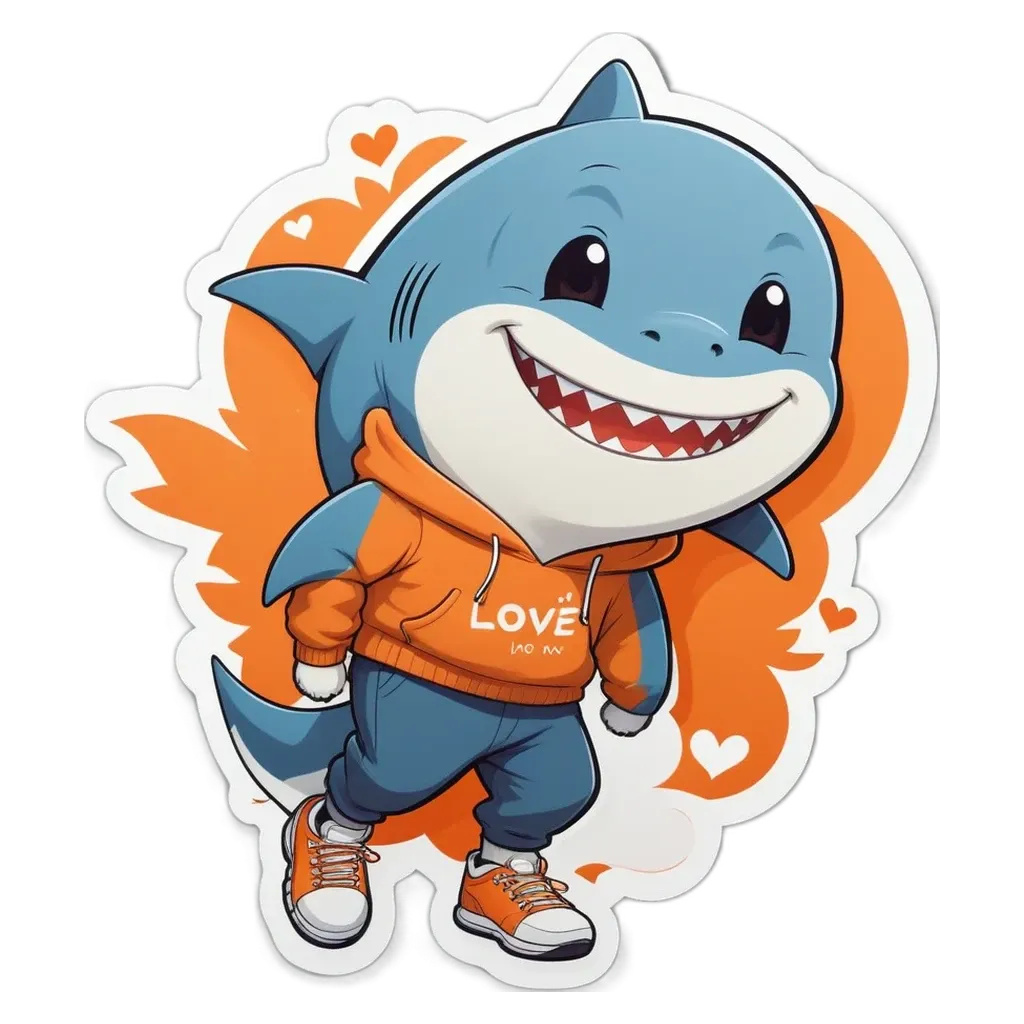 A shark that loves to move is wearing an orange hoodie.