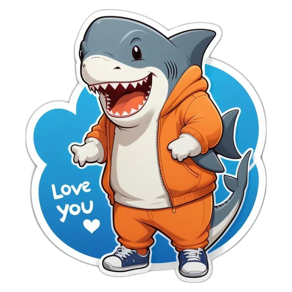 A shark that loves you sticker is wearing an orange hoodie.