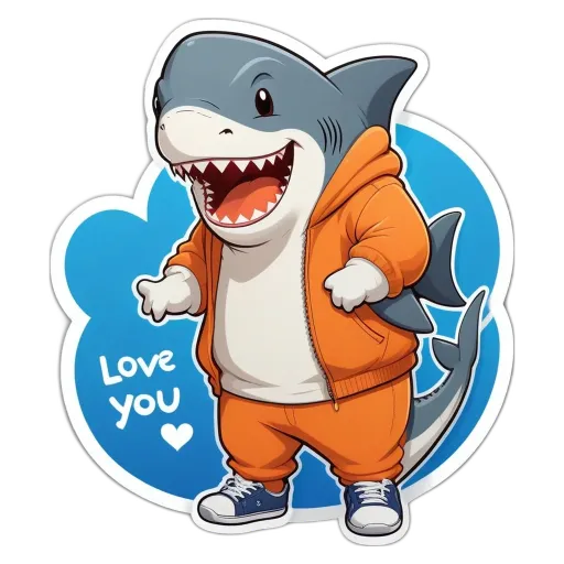 A shark that loves you sticker is wearing an orange hoodie.