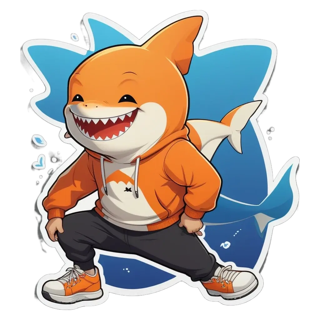 A cartoonish drawing of a shark that is orange and white.