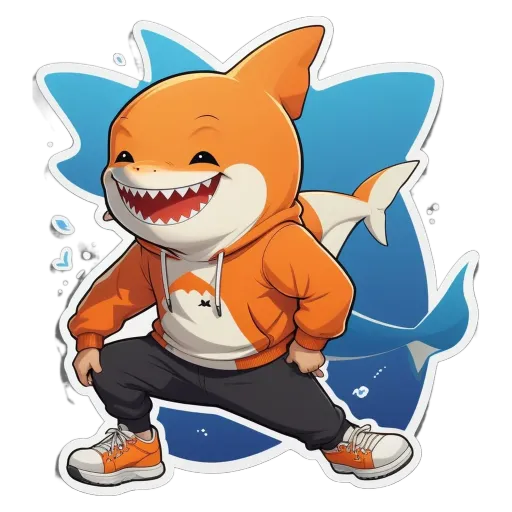 A cartoonish drawing of a shark that is orange and white.