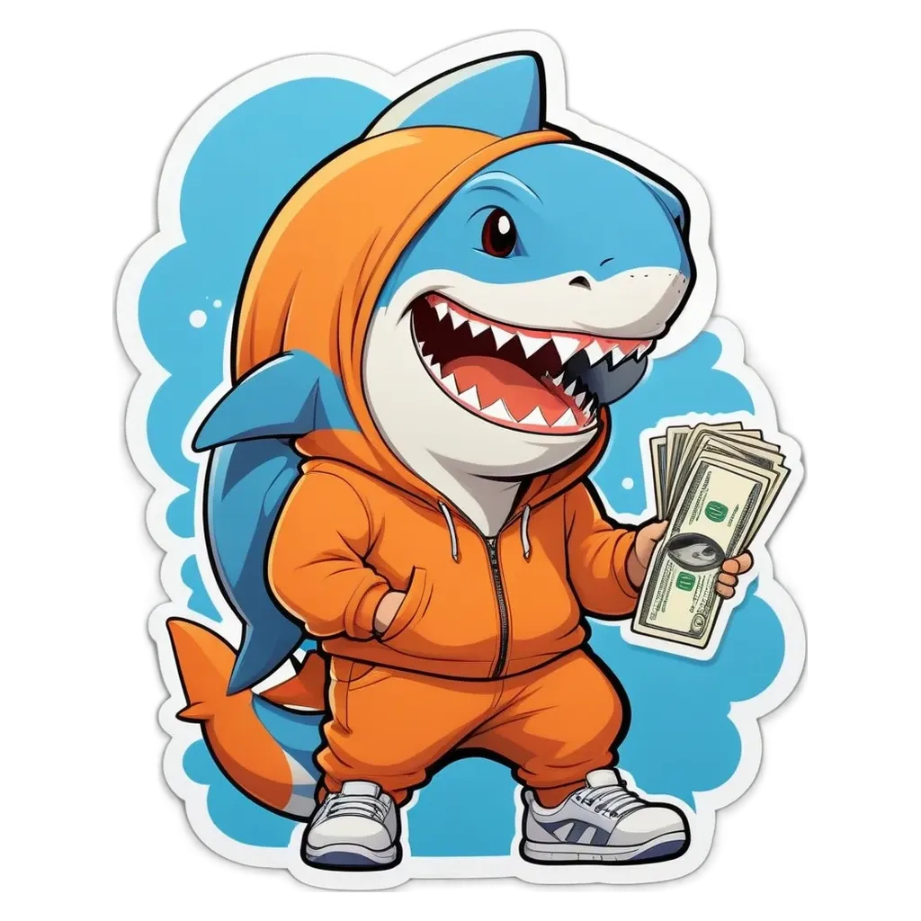 A shark that is wearing an orange hoodie and holding a bunch of money.