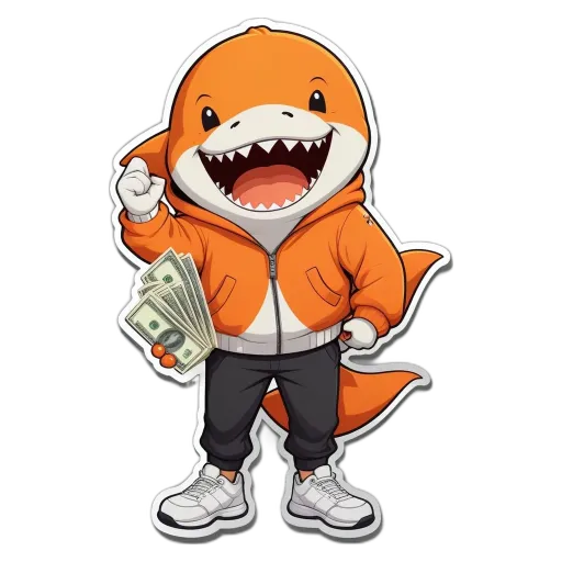 A cartoon shark holding lots of money the shark is wearing a orange jacket.