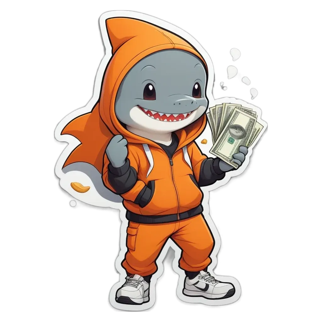 A shark wearing an orange hoodie holding a bunch of money.