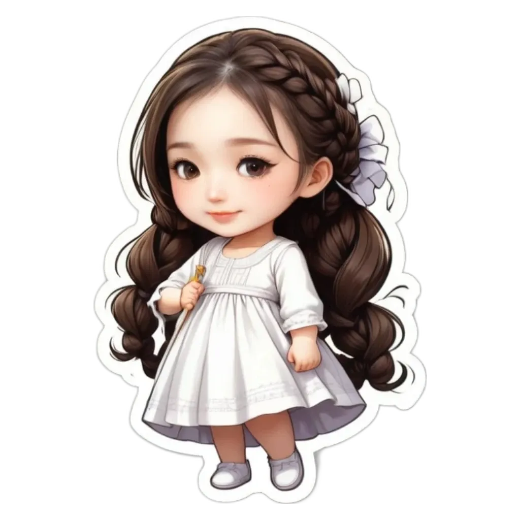 A cartoon girl holding a paintbrush on a white dress.
