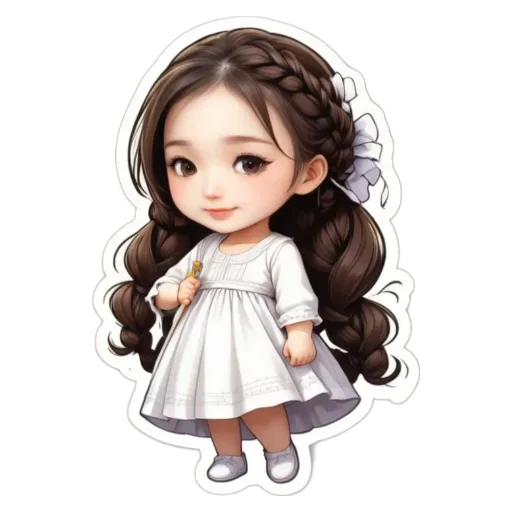 A cartoon girl holding a paintbrush on a white dress.