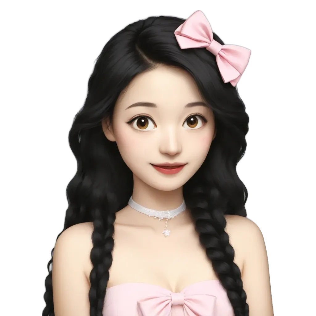 A girl with black hair wearing a white collar and a pink bow.