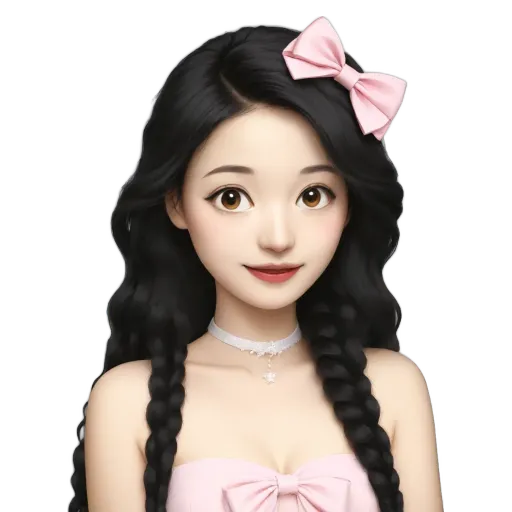 A girl with black hair wearing a white collar and a pink bow.