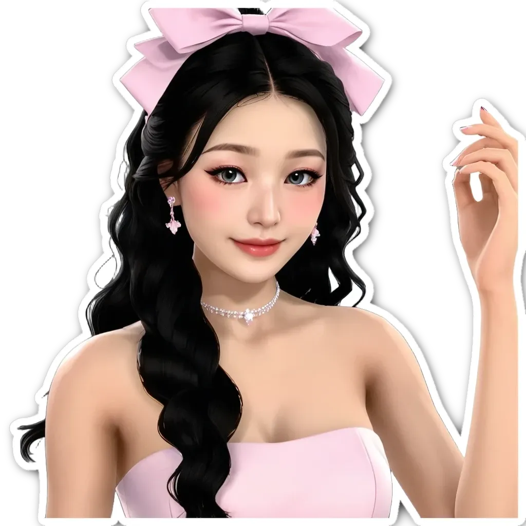 A girl with a bow in her hair is wearing a strapless dress.