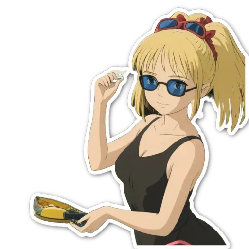 An anime character wearing black and holding a banana.