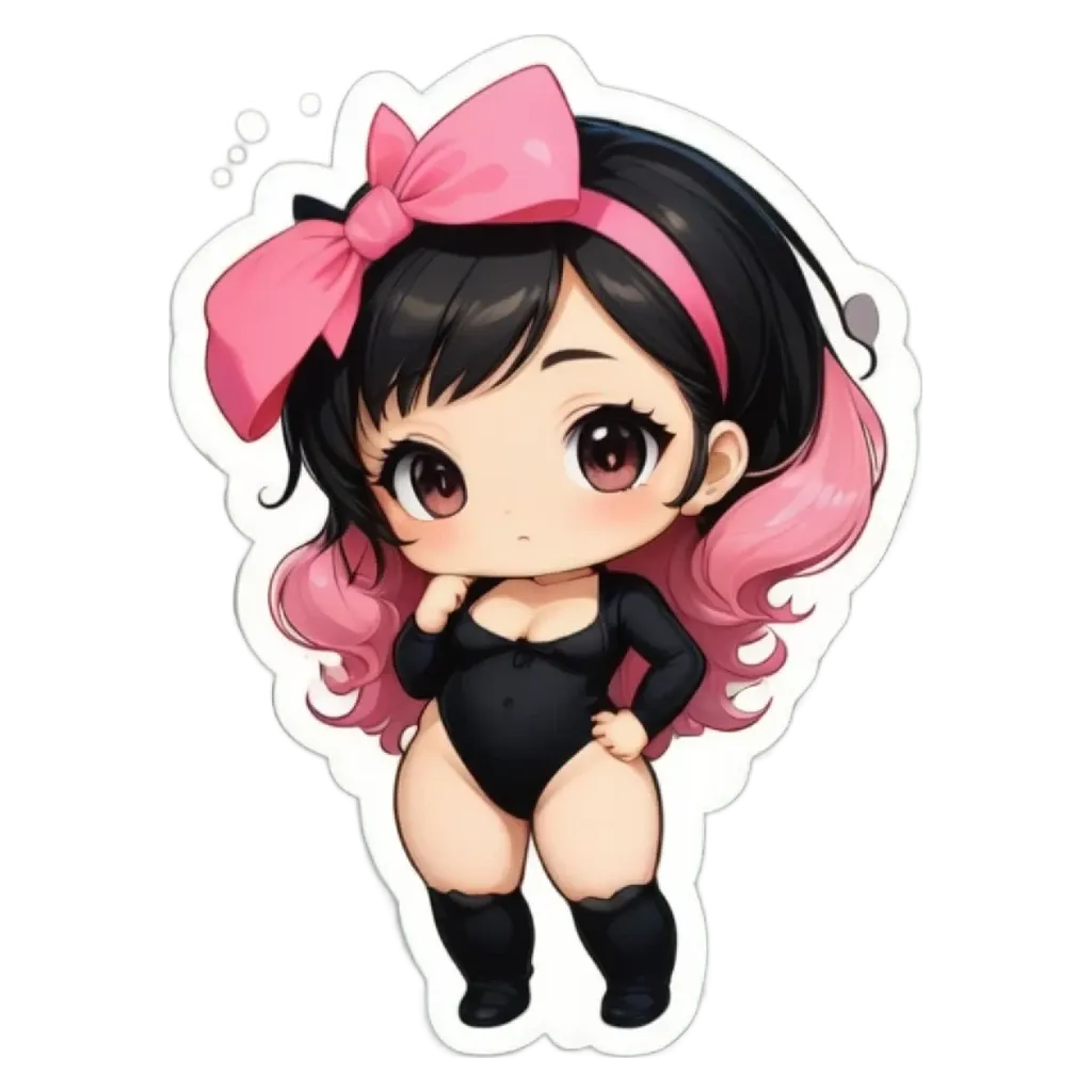 A girl with a bow on her head and black clothing standing in front of a white background.