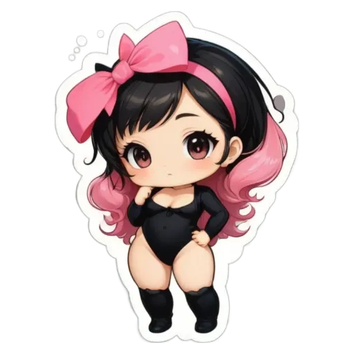 A girl with a bow on her head and black clothing standing in front of a white background.