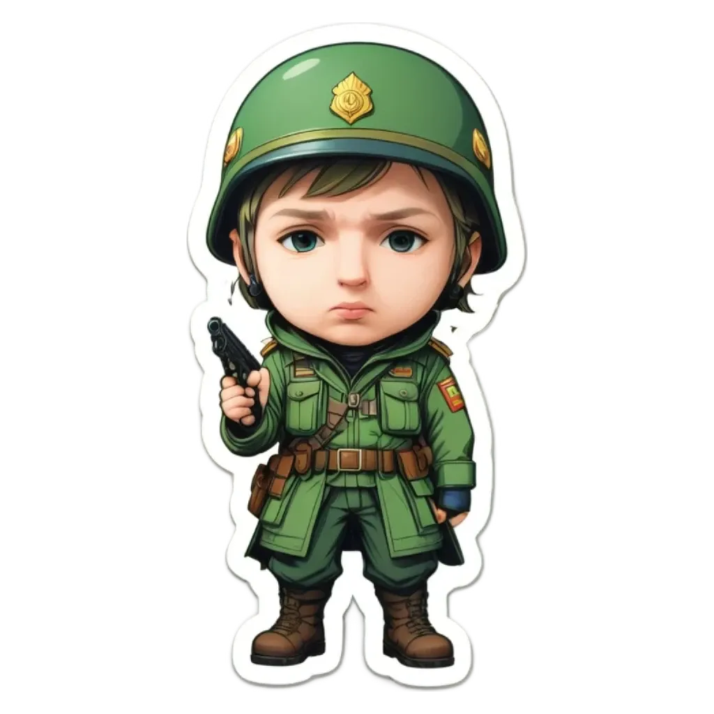 A green and black sticker of a soldier holding a gun.