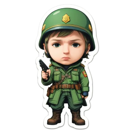 A green and black sticker of a soldier holding a gun.
