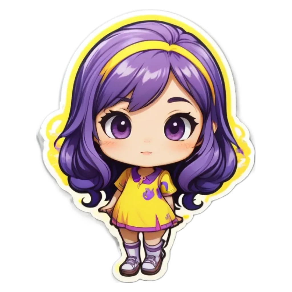 A purple girl with a yellow headband standing in front of a black background.