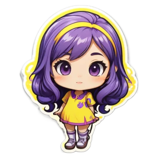 A purple girl with a yellow headband standing in front of a black background.