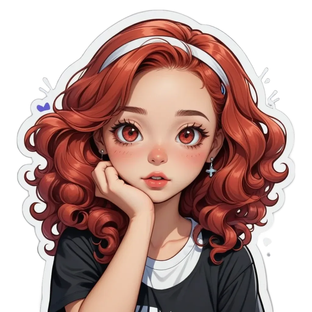 A girl with red hair in a black and white shirt.
