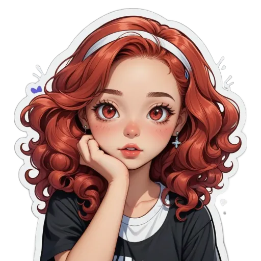 A girl with red hair in a black and white shirt.