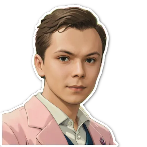 A boy wearing a pink jacket and a drawing of a man's face.