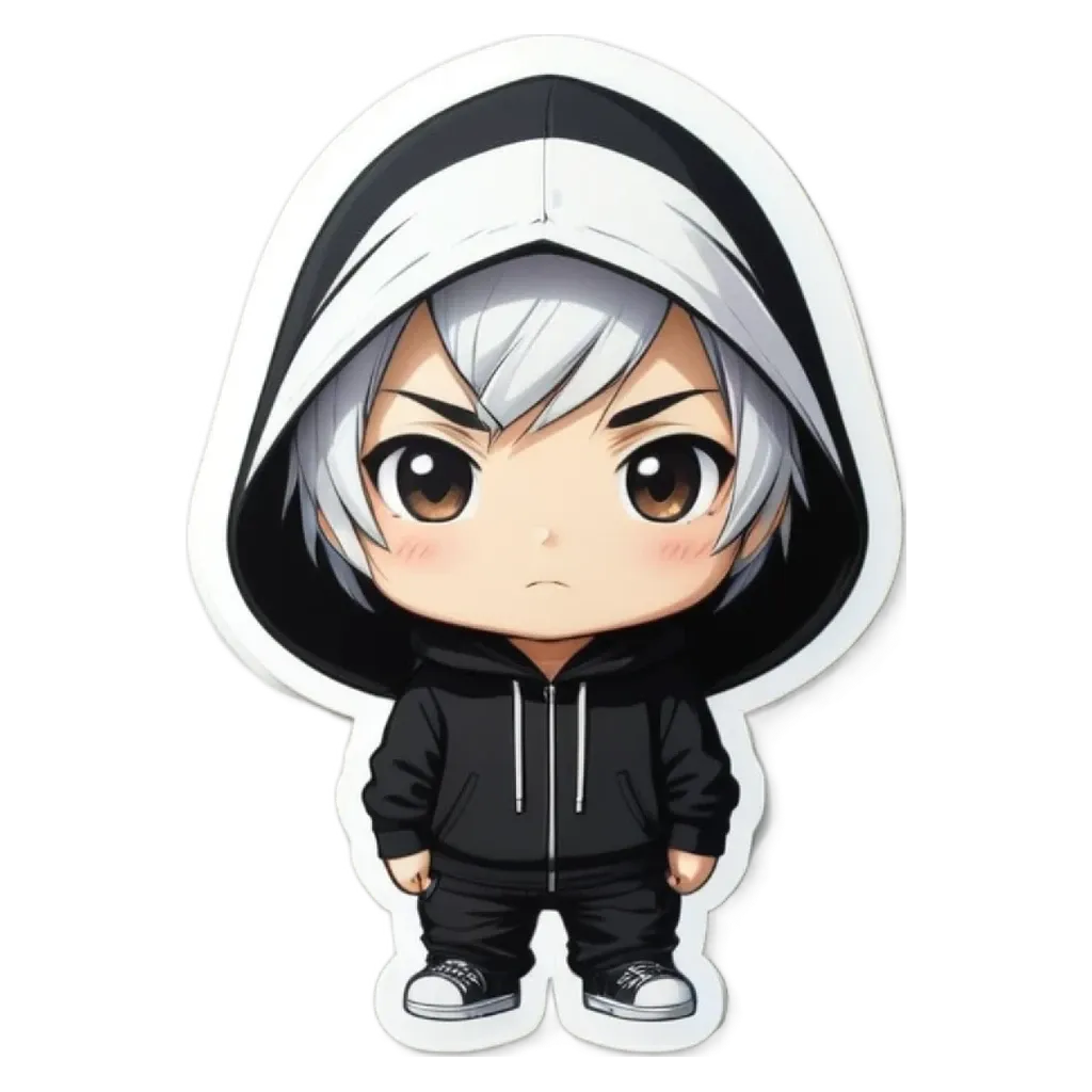 A boy is wearing a black and white hoodie.