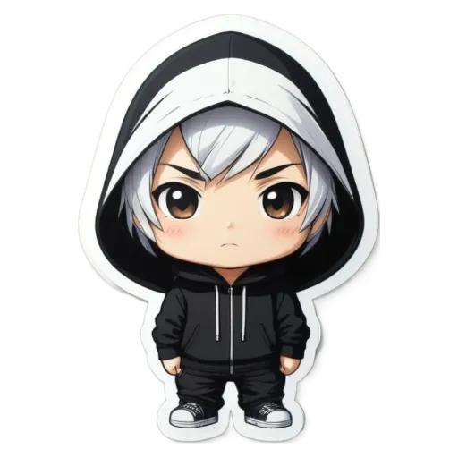 A boy is wearing a black and white hoodie.