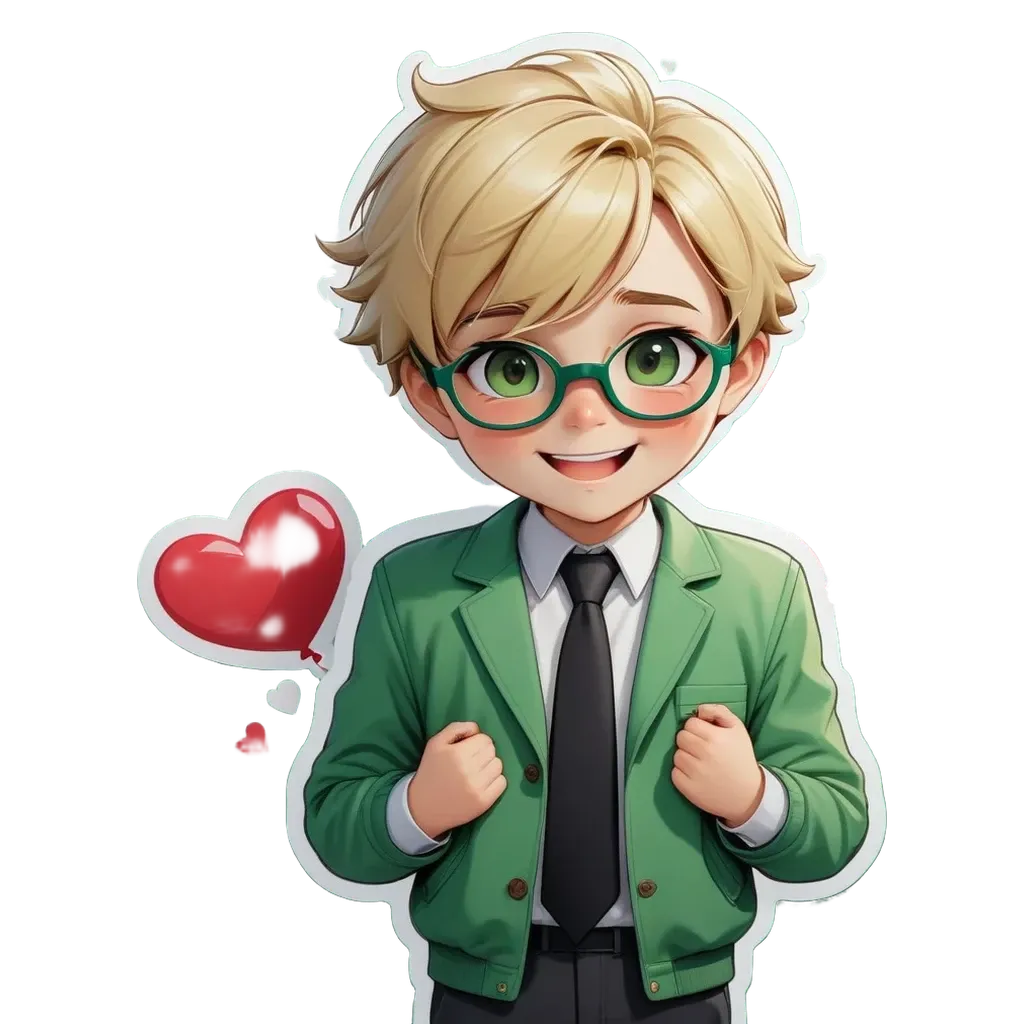 A boy wearing glasses and a green jacket with a heart.