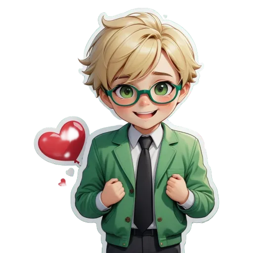 A boy wearing glasses and a green jacket with a heart.