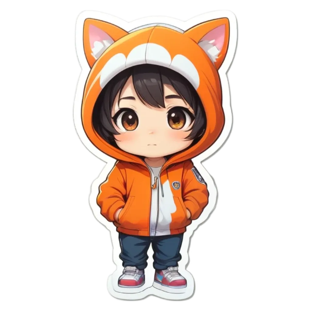 A boy is wearing a orange hoodie and blue jeans.