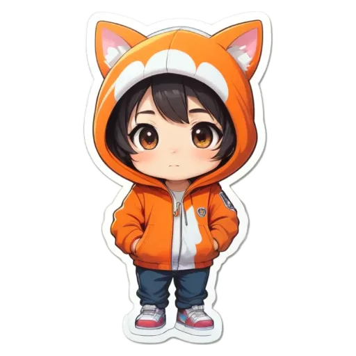 A boy is wearing a orange hoodie and blue jeans.