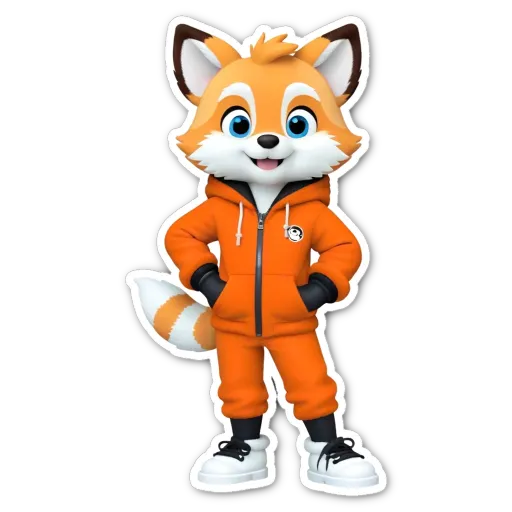 A cartoon fox wearing an orange jacket stands on a black background.