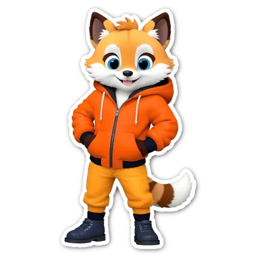 A cartoon fox on a black background wearing an orange jacket and yellow pants.